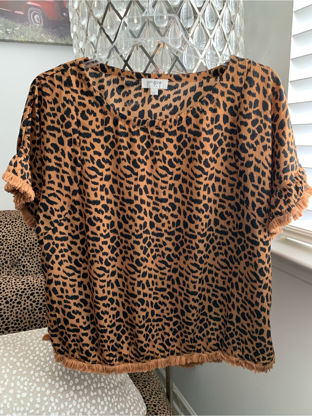 Umgee Black and Rust Leopard Print Short Sleeve Top with Fringe Trim